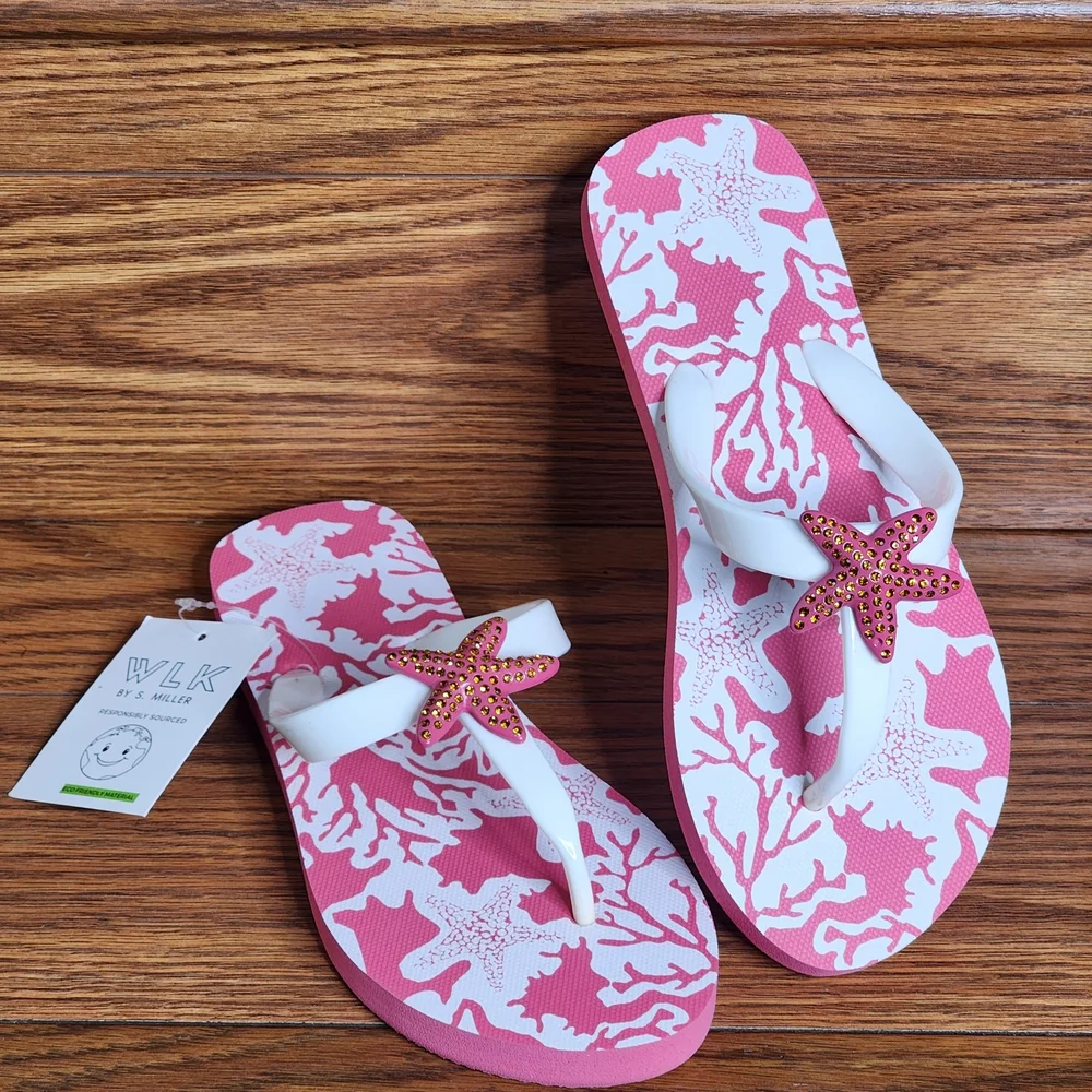 WLK By S.Miller Women's Pink and White Starfish Flip Flops Size 6 - Picture 6 of 6